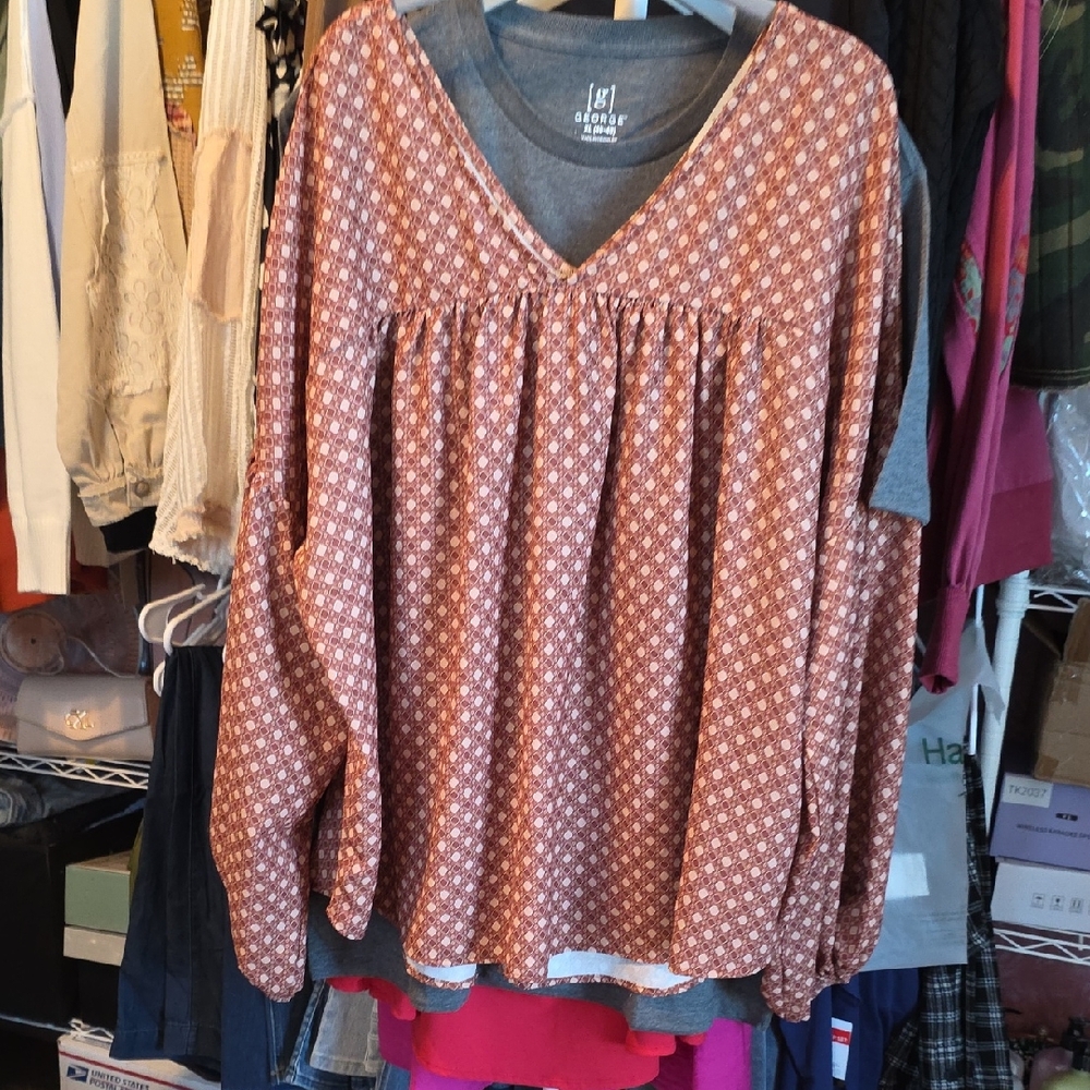 Three Bird Nest Rust Floral V-Neck Peasant Blouse